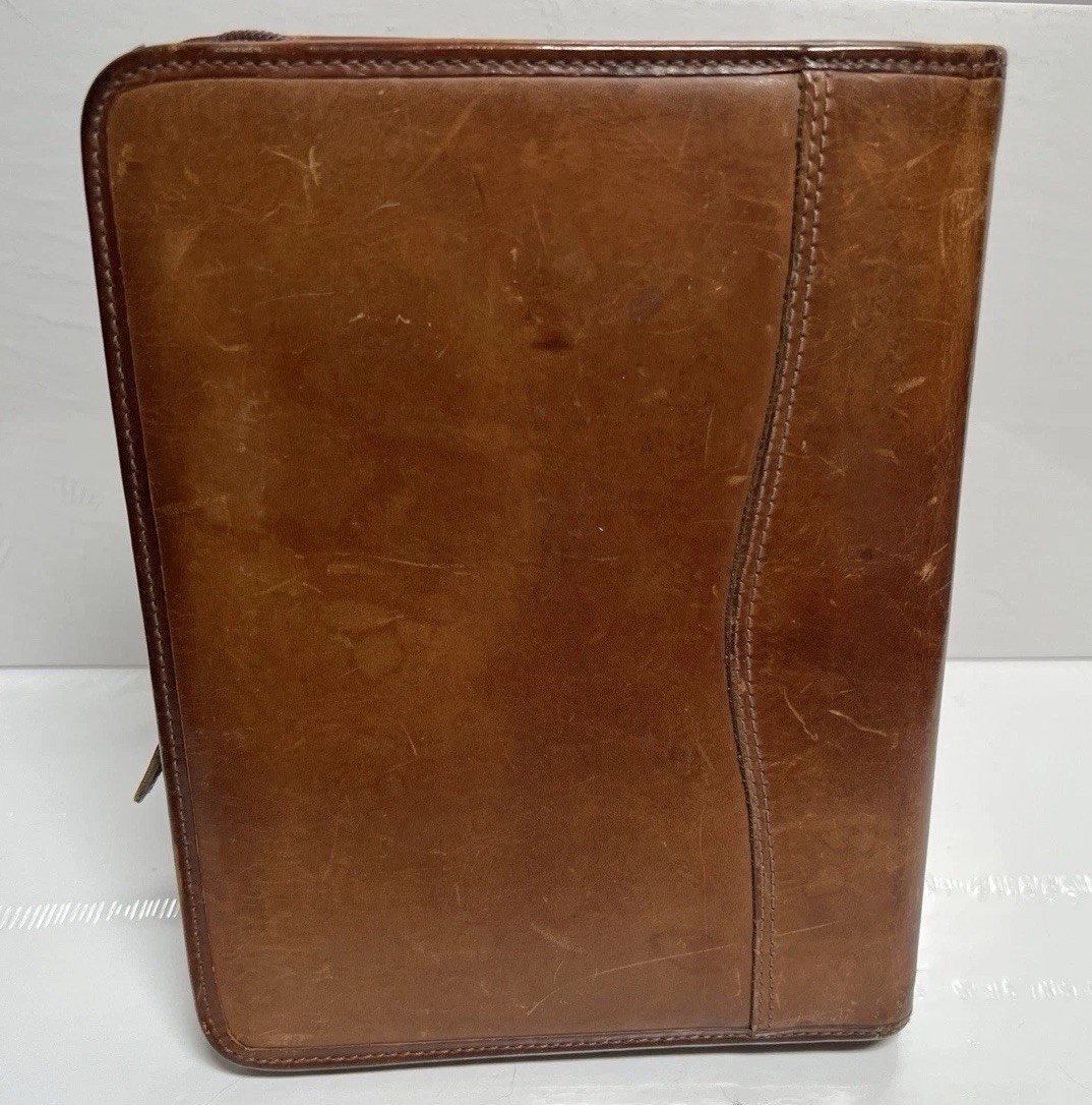 Vintage Day Timer Planner Brown Genuine Leather Organizer Binder Zip 7 Rings