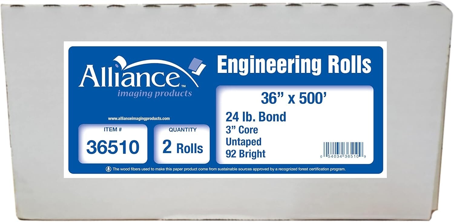 Alliance Wide Format Paper Rolls Bond Engineering 36″ x 500′ x 3″, 24lb. 2 Rolls