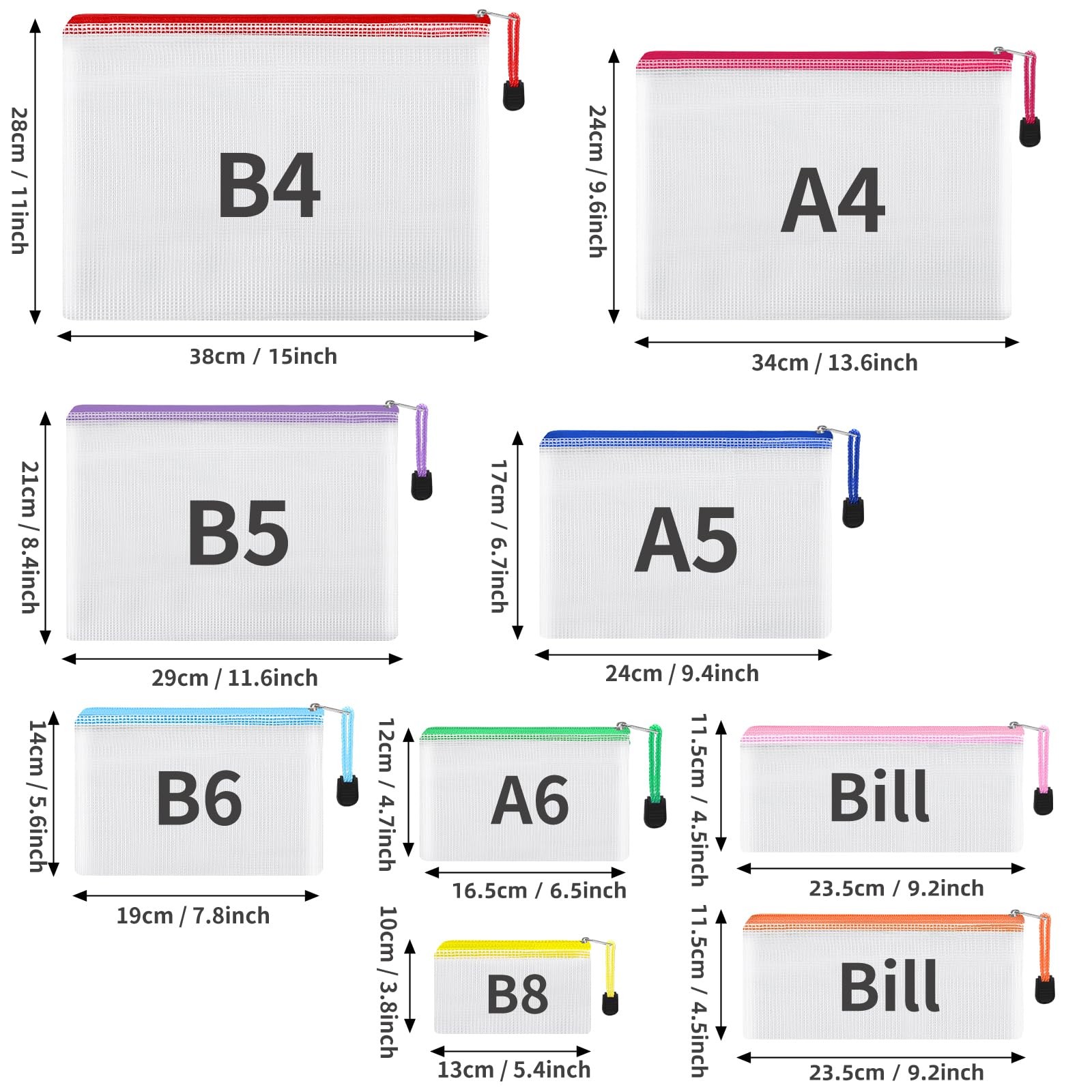 EOOUT 20pcs Mesh Zipper Pouch, Waterproof Bags, 8 Mutisize, 10 color