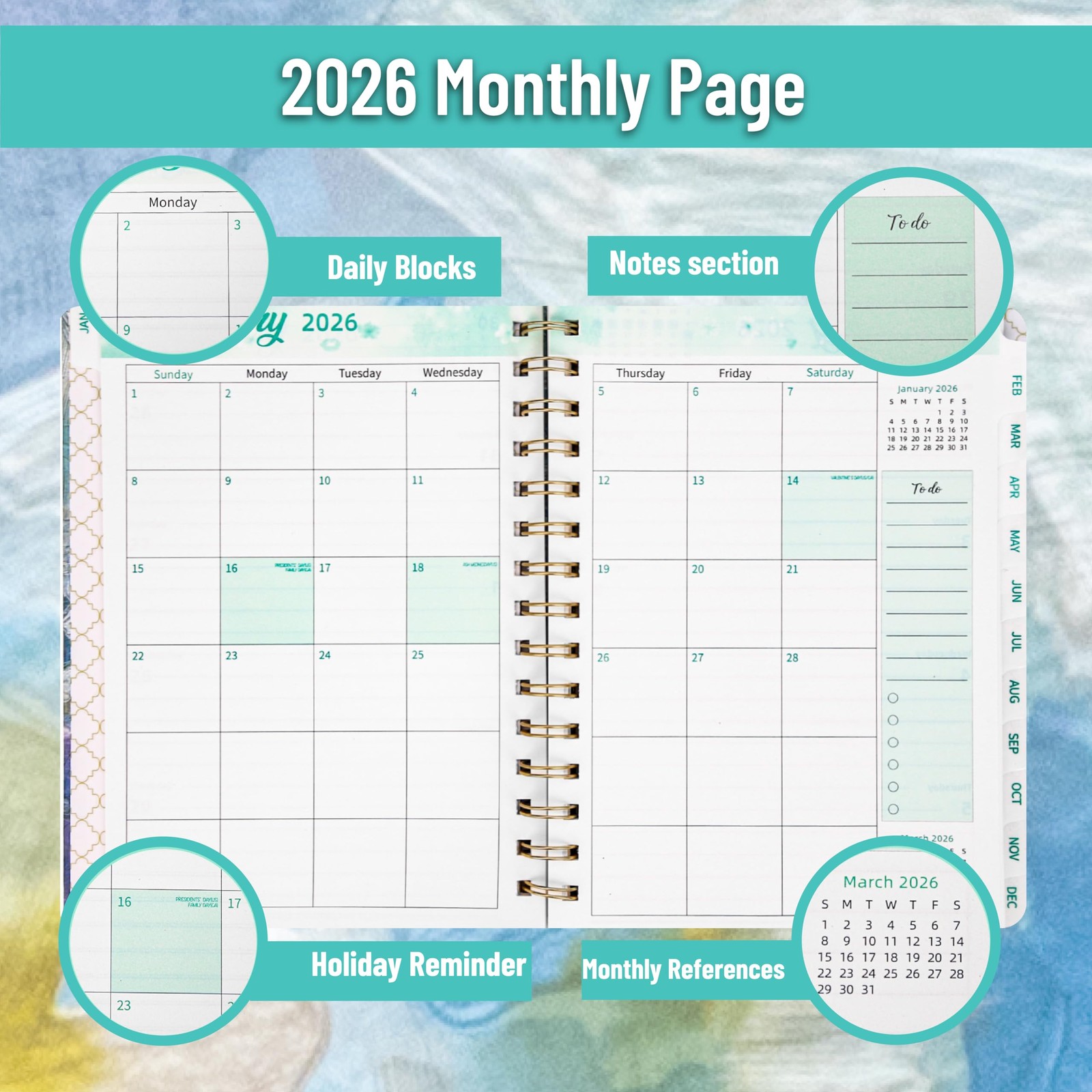 2026 Planner, Weekly and Monthly Calendar 6.4″ x 8.5″(2026）, Spring Floral