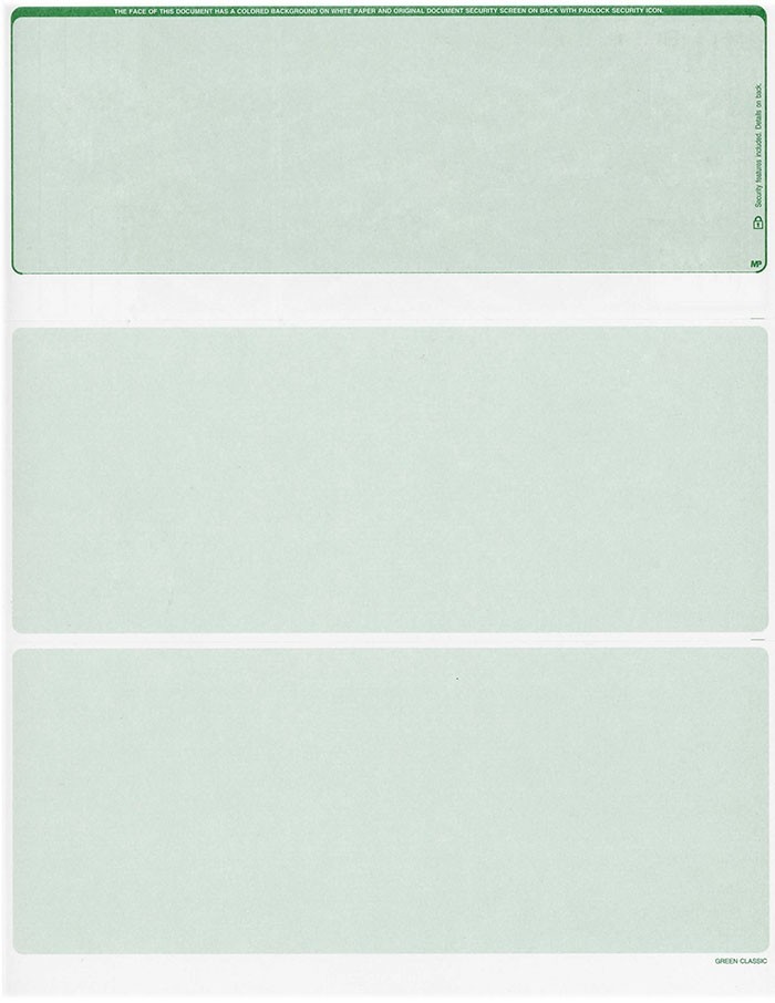 500 Blank Security Check Paper Stock – Checks on Top (Classic Green)