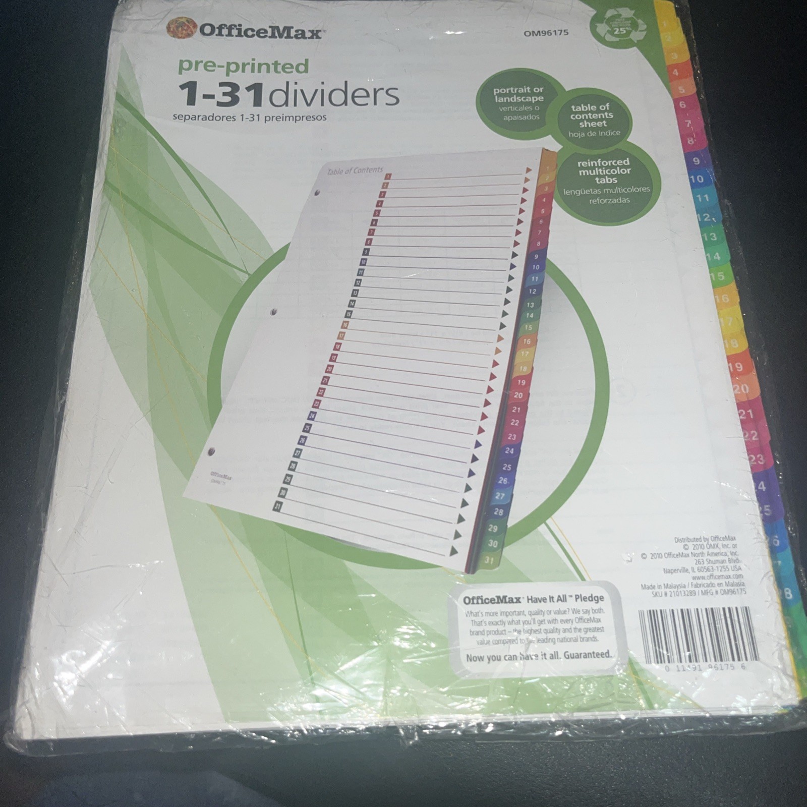 OFFICE MAX Table of Contents Dividers 1-31 Tabs Colorful