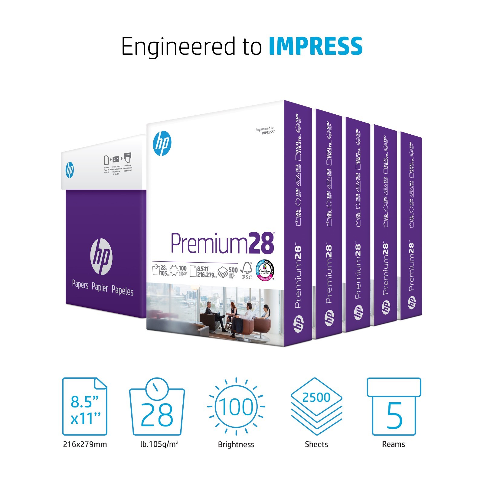 HP Premium Printer Paper 28lb 8.5×11 White 2500 Sheets (5 Ream)