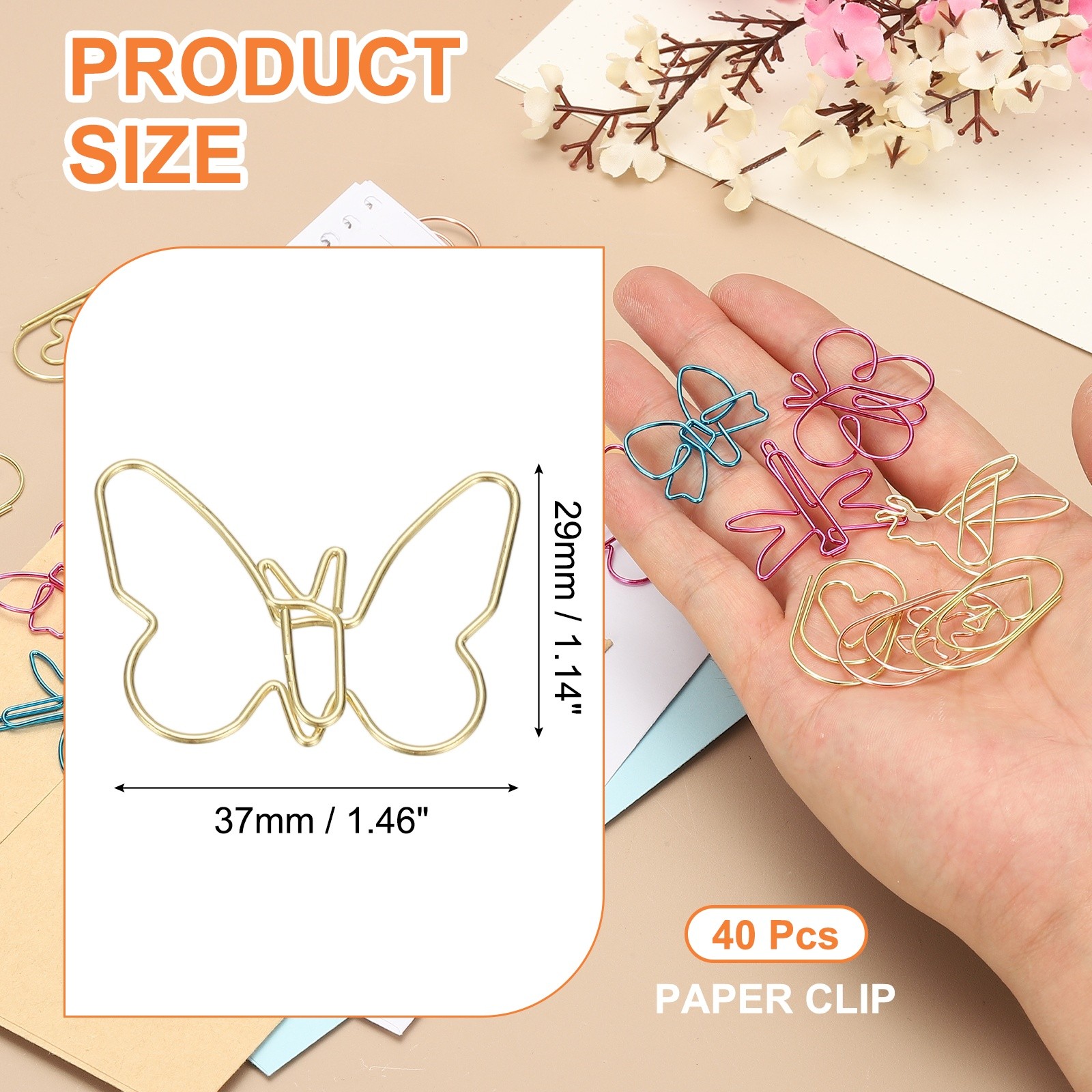 40pcs Paper Clip, Butterfly Shape Paper Clip Small Cute, 37mm, Gold
