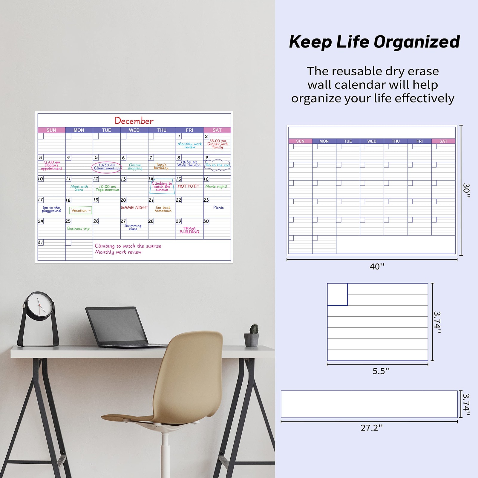 Large Dry Erase Calendar for Wall – Undated 1 Month 40″ x 30″, purple