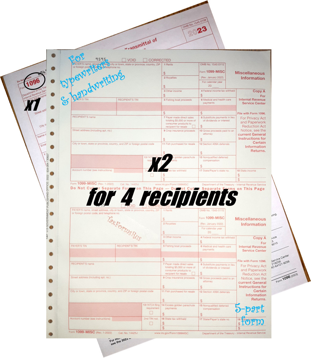 2023 IRS Tax Form 1099-MISC Carbonless for 4 recipients + (1) 1096 — NO Env