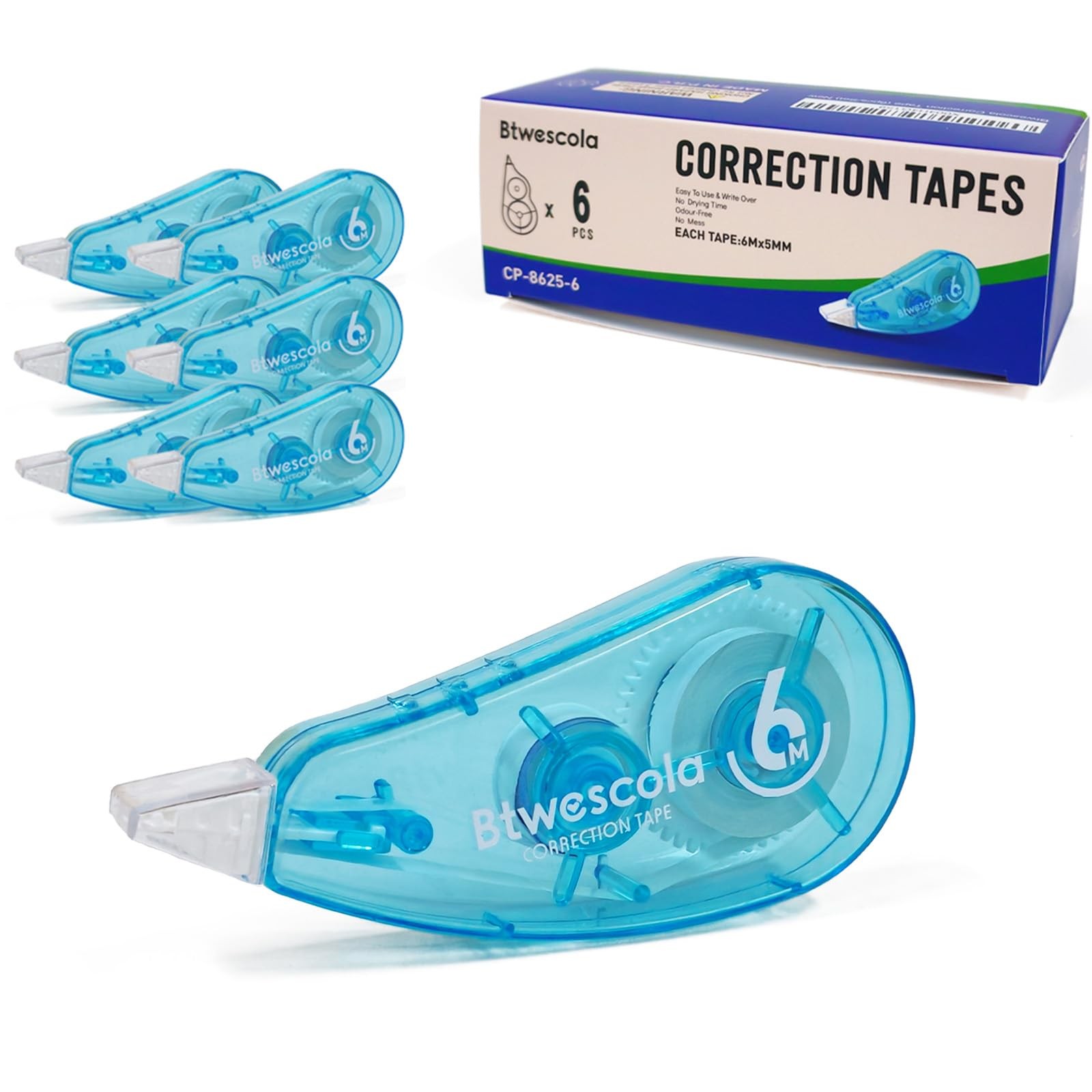 Btwescola Correction Tape, Easy to Use Applicator 1 Count (Pack of 6), Blue