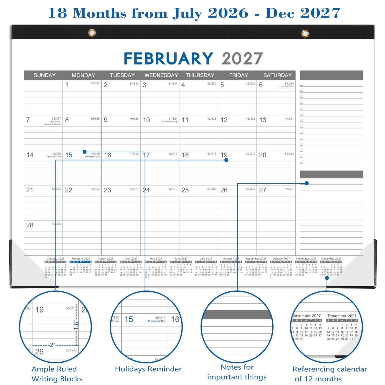2026-2027 Desk Calendar – July 2026 – Dec 2027, 18 Months 17″ x 12″, black