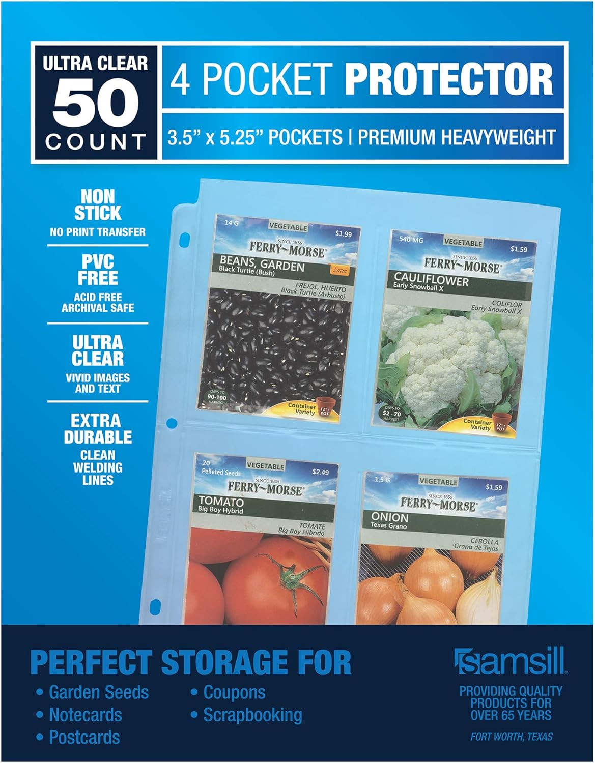 50 Pack Heavy Weight 4 Pocket Garden Seeds Storage Clear Sheet Protectors, Seed