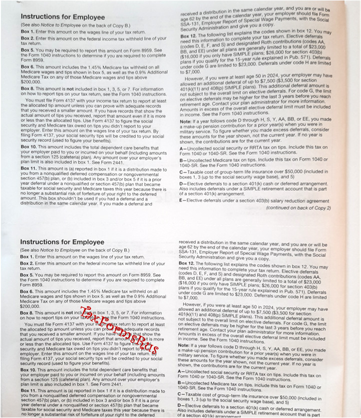 2024 IRS Tax Forms W-2 Wage Stmts for 4 employees NON-Carbonless +(1) W3, NO Env