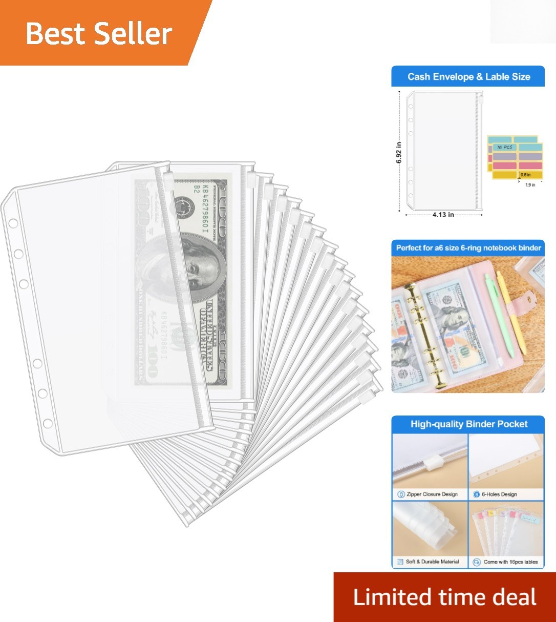 Durable A6 Cash Envelopes – 16 Clear Zipper Pouches for Organizing Finances