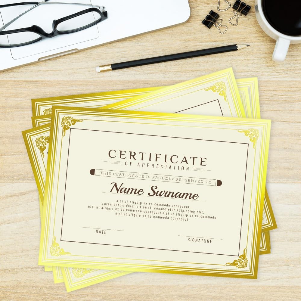 100 Sheets Certificate Papers – Blank Gold Foil Border, Letter Size 8.5×11 fo…