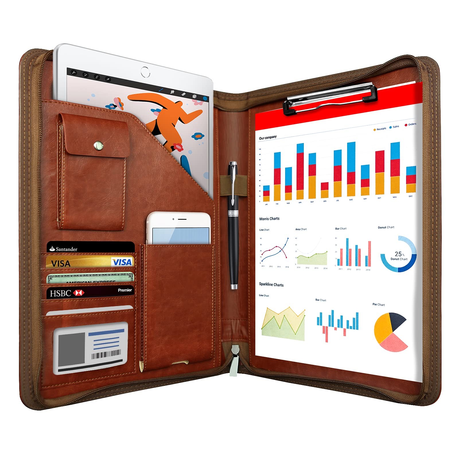 Zippered Padfolio Organizer, Leather Planner Binder, 10.2 Inch Portfolio Fold…