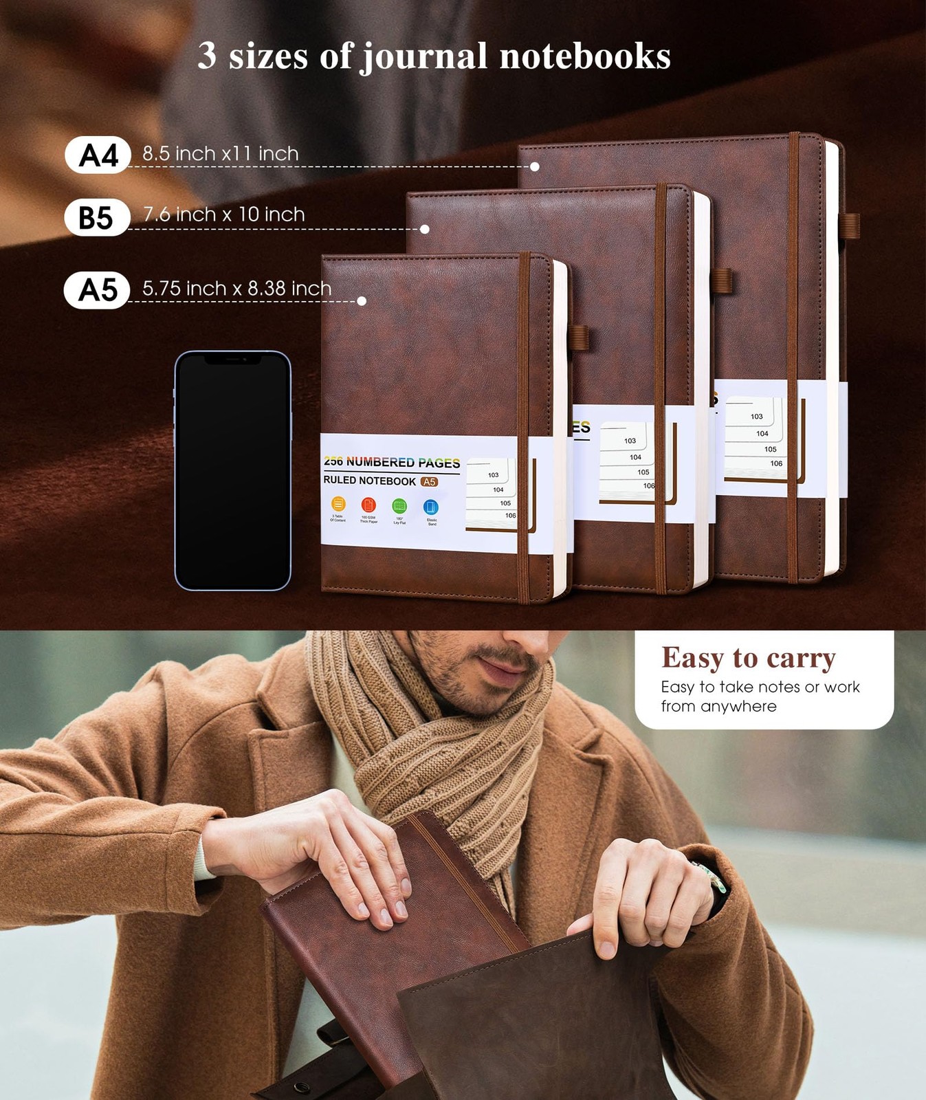 Lined Leather Journal Notebook for Men Women, Hardcover Journals with A5 Brown
