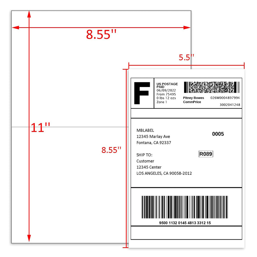 50-1000 Shipping Label 8.5 x 5.5 Half Sheet 2 Per Sheet Self Adhesive Labels US