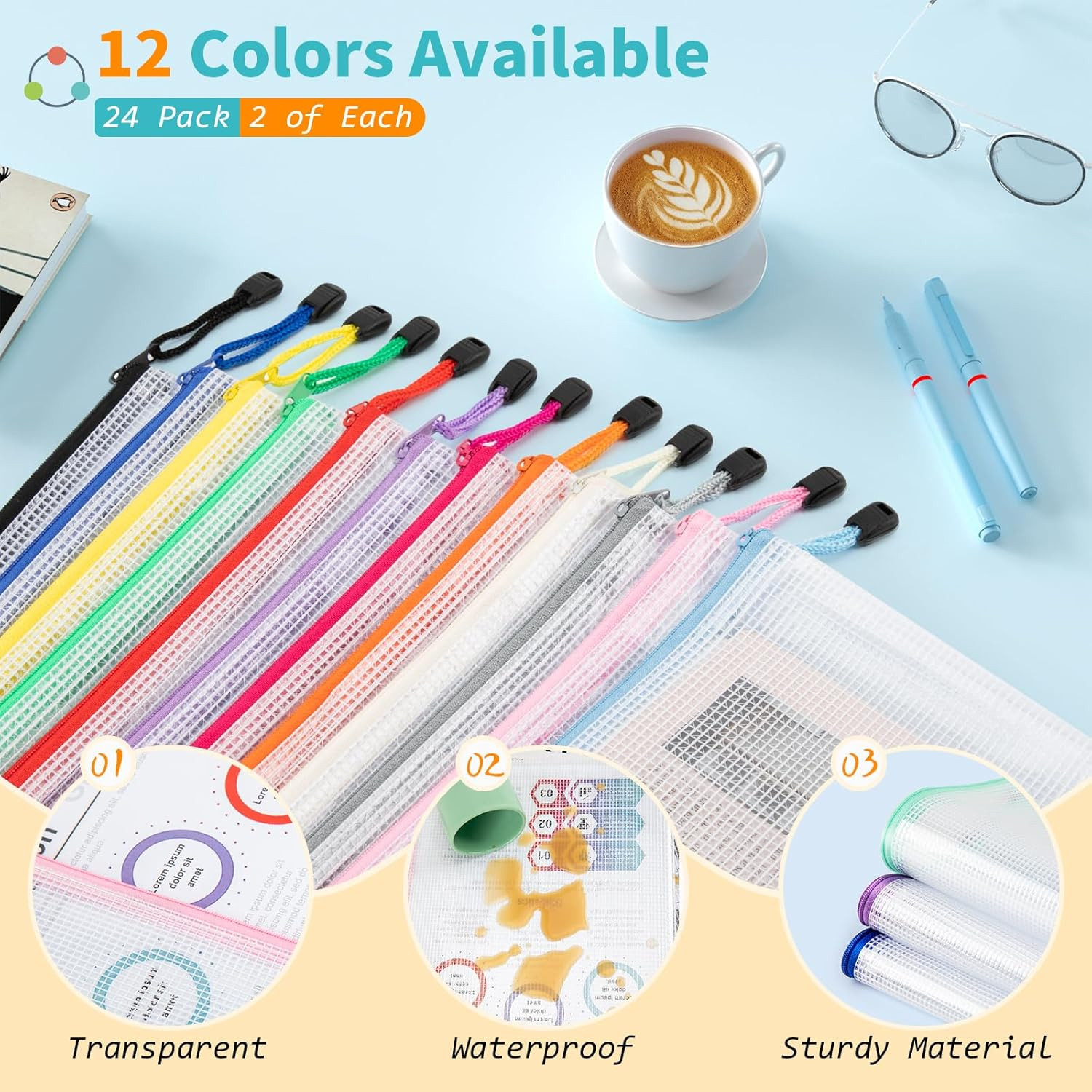 Umriox 24 Pack 12 Colors Zipper Pouches for Organizing, Letter Size, A4 Size