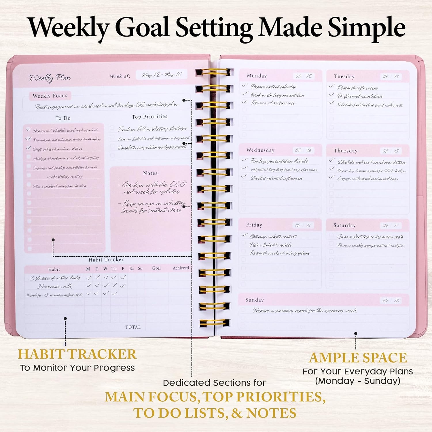 Undated Weekly Planner – Minimalist Daily Planner Notebook for Work, Home & Da