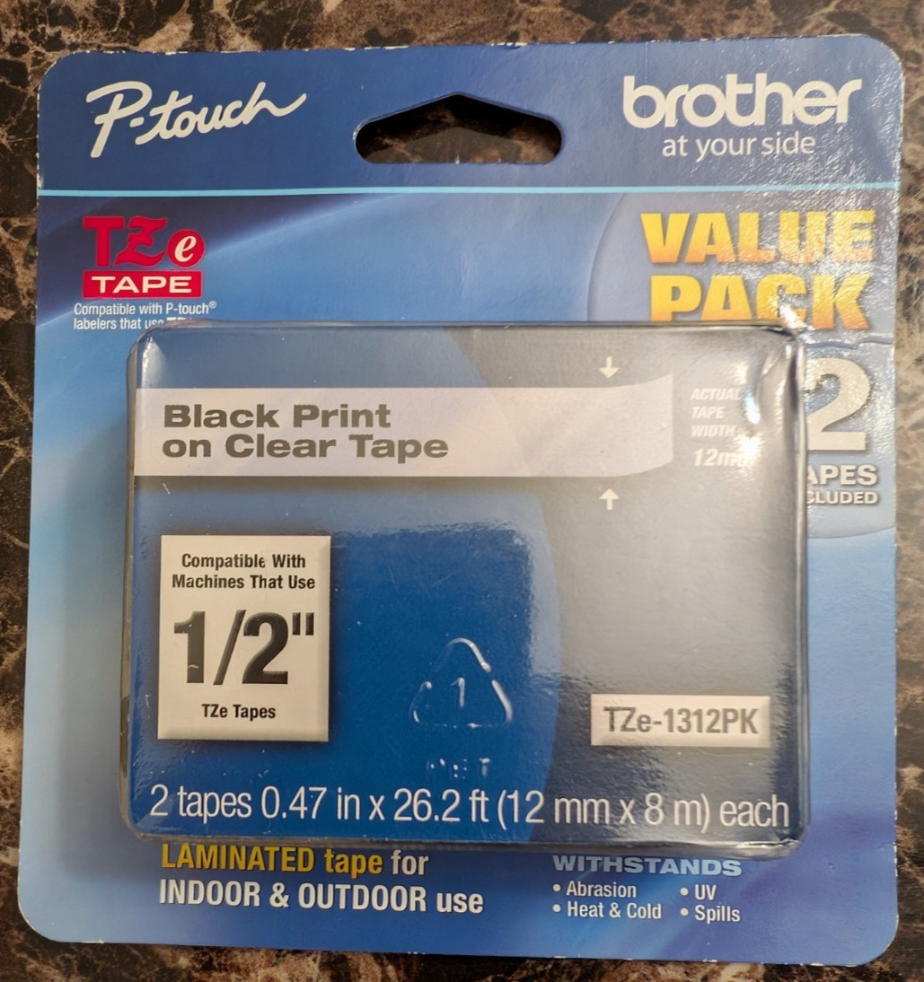 2 Pack Brother P-Touch, 1/2″(12mm) Black Print Clear Tape TZe-1312pk Genuine ***