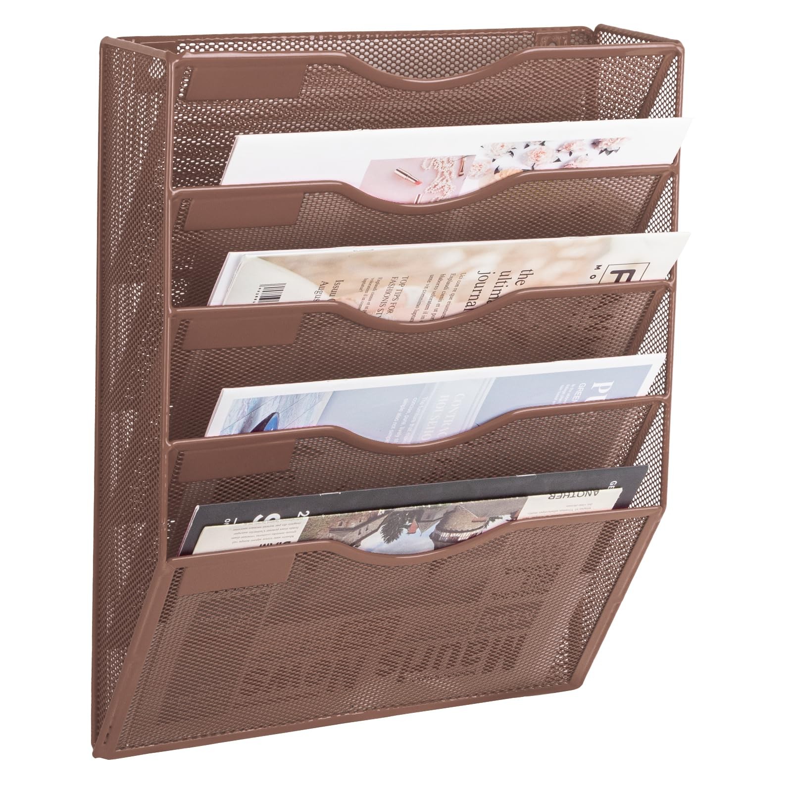 EASEPRES 5 Pocket Mesh Hanging Wall File Organizer, 5 Tier, Brown