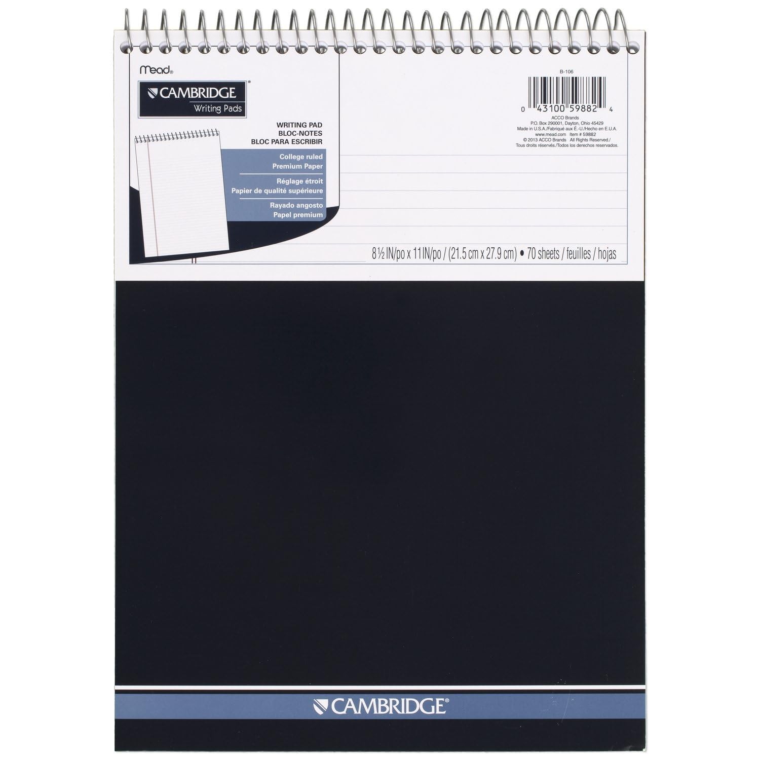Cambridge Spiral Notebook, College Ruled Paper, 8-1/2″ x Legal Ruled, Black