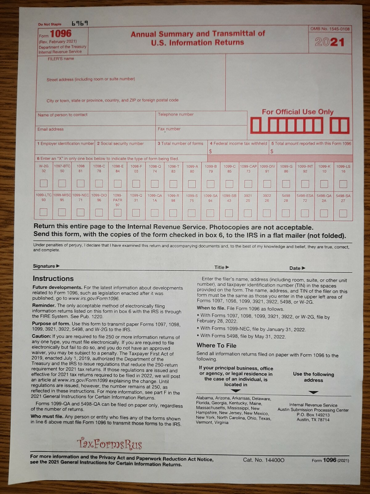 2021 IRS Tax Form 1096 Annual Summary and Transmittal (for 1099’s to IRS)