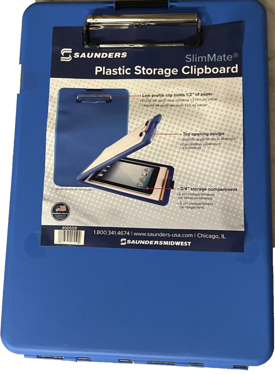 2 COUNT Saunders SlimMate Plastic Storage Clipboards Snap Closure #00559 BLUE