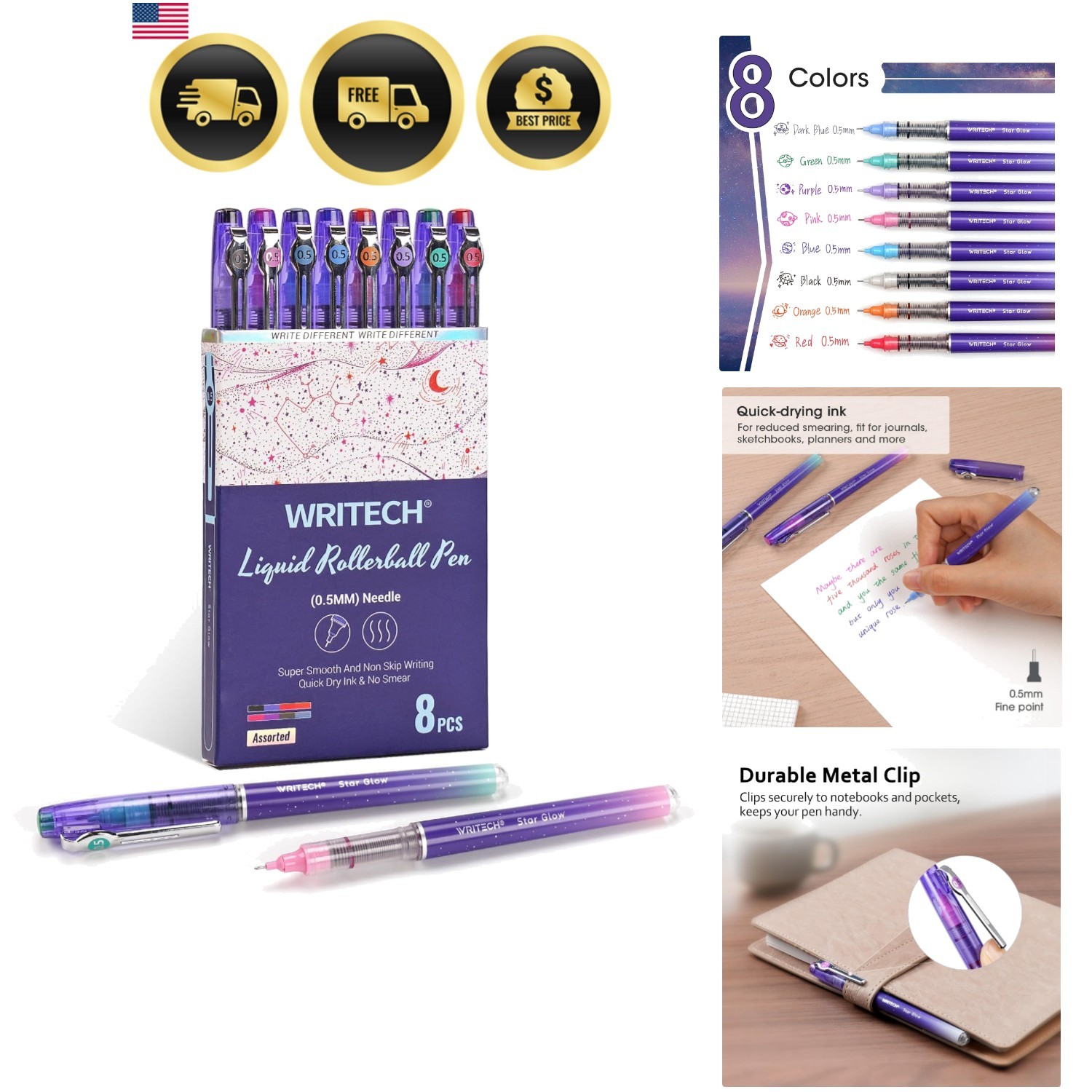 Liquid Ink Rollerball Pens: 8ct Assorted Colors Extra Fine Point Tip 0.5mm Ro…