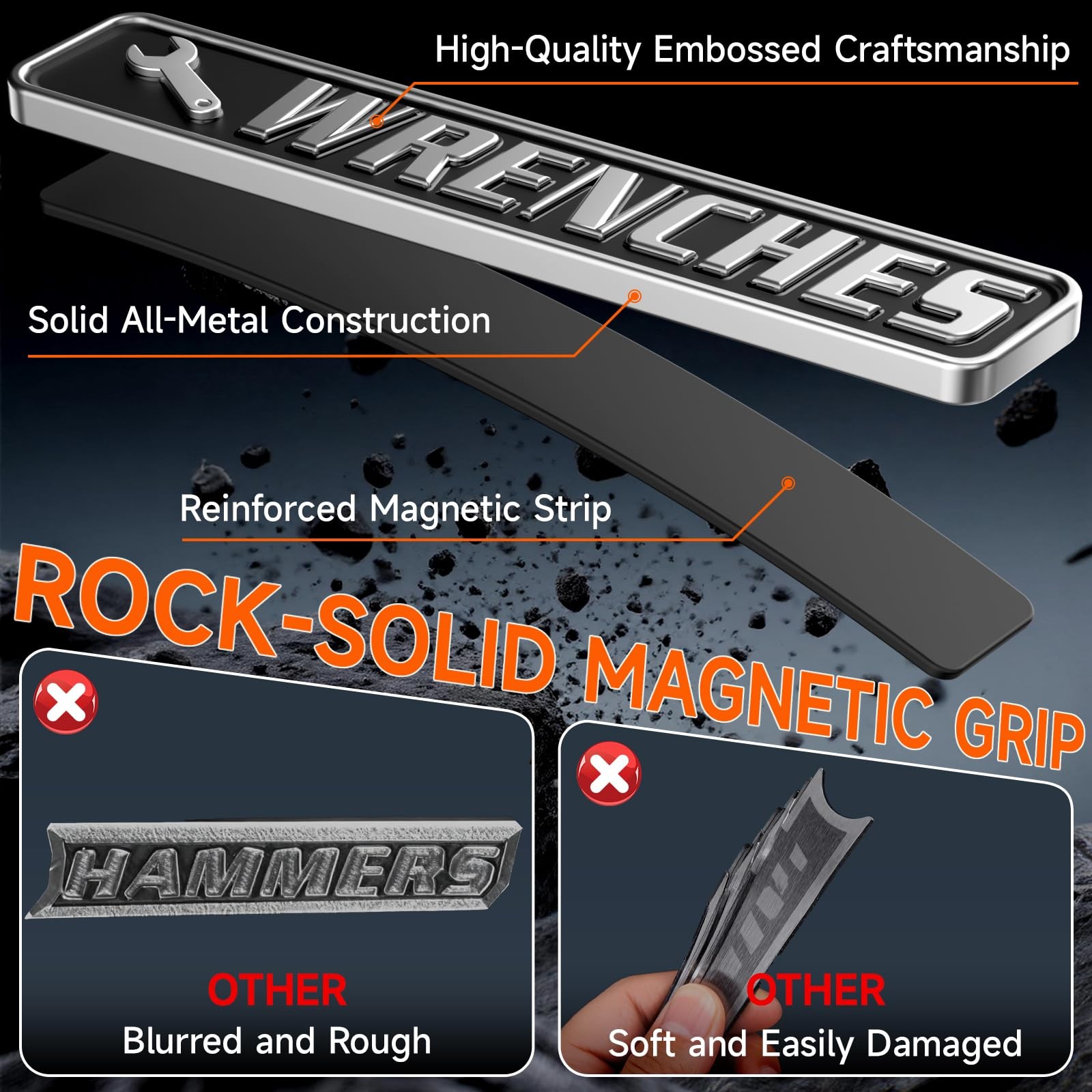12 PCS Metal Magnetic Tool Box Labels, Embossed 2 to 4.1 inches, Black