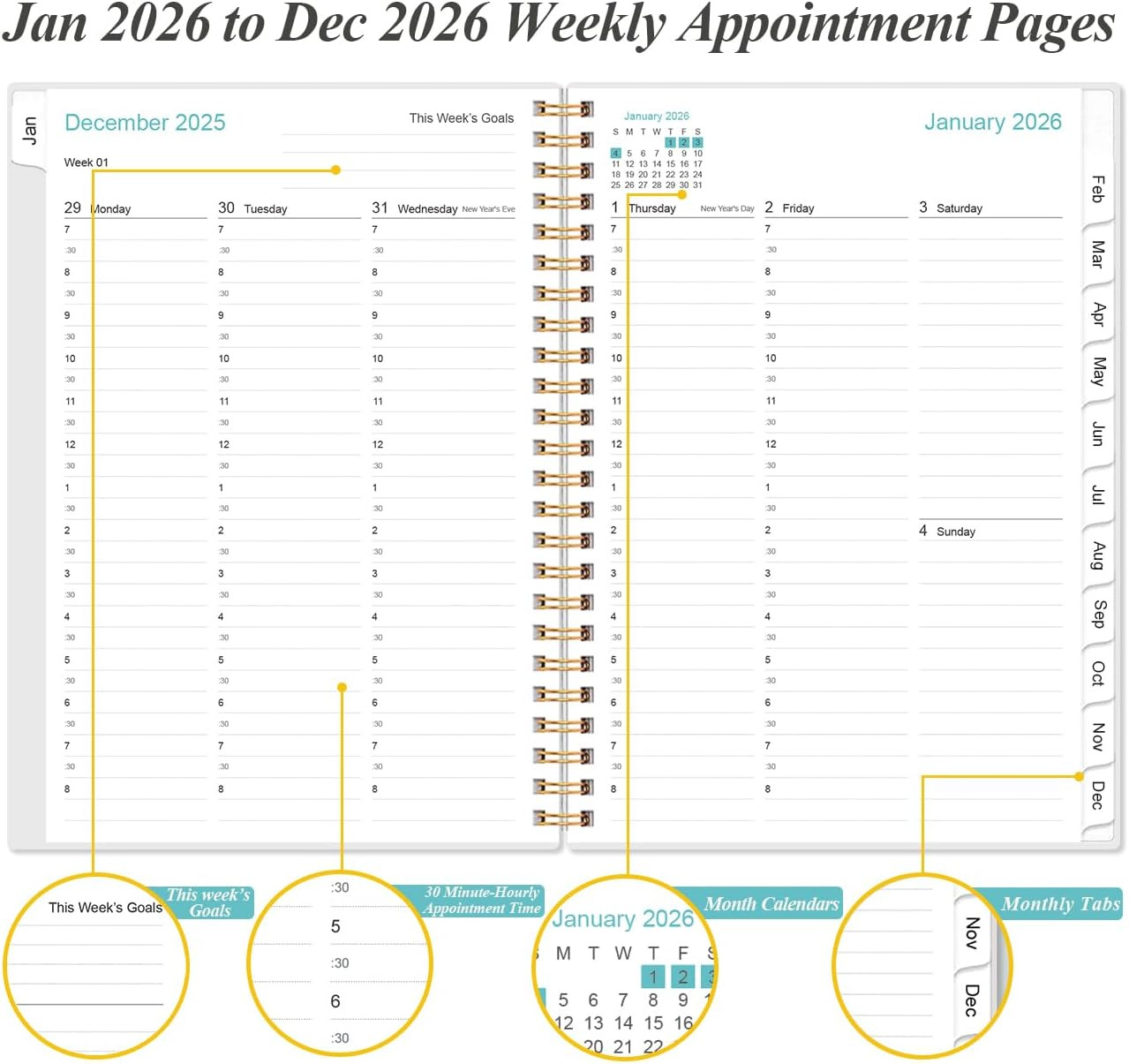 2026 Appointment Book – 2026 Daily Hourly Planner from January 2026 – December 2
