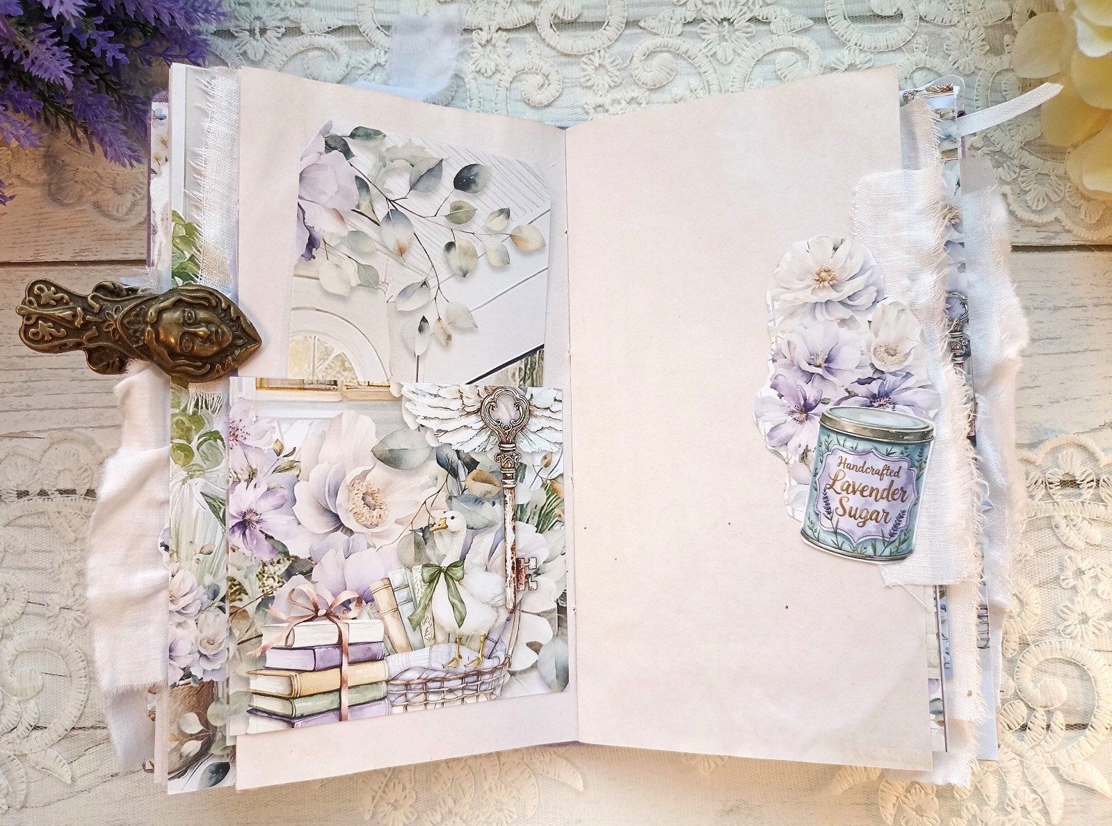 Junk Journal Handmade Lace Purple Lavender Notebook Decorated USA 8×4 in