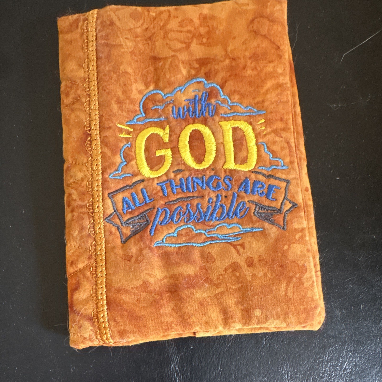 Embroidered Fabric Cover Blank Journal Orange “With God All Things Are Possible”