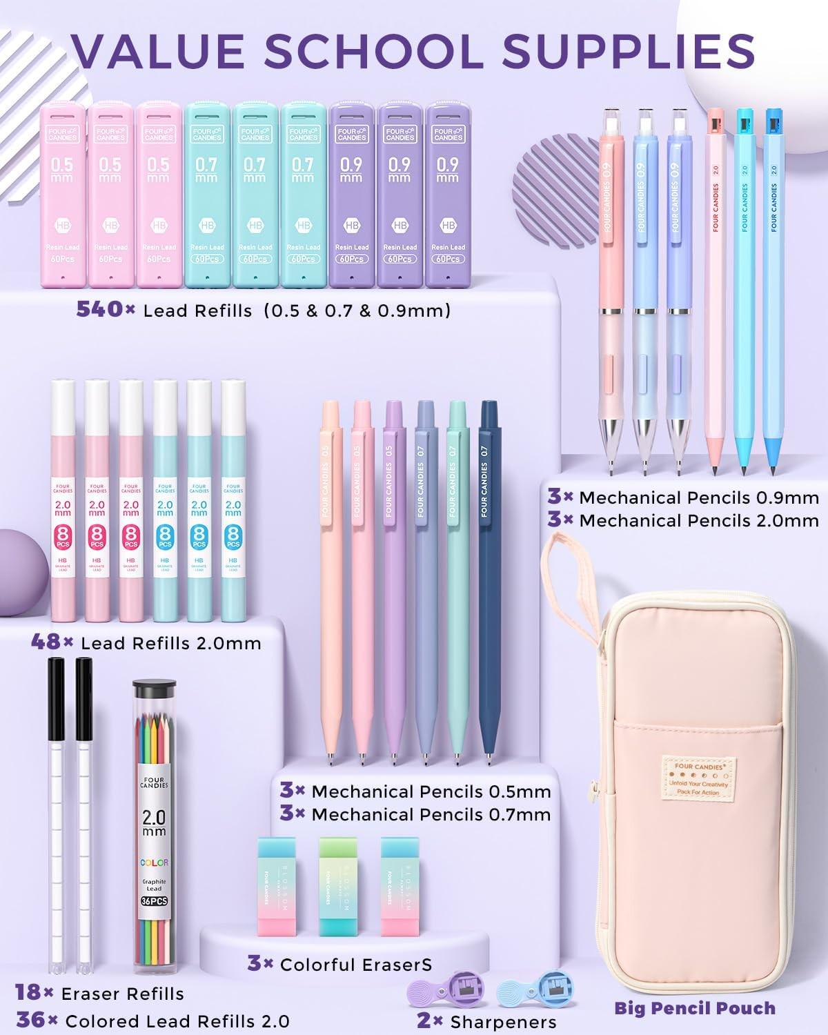 36PCS Aesthetic School Supplies, Mechanical Pencils 0.5mm, 0.7mm, 0.9mm & 2.0mm