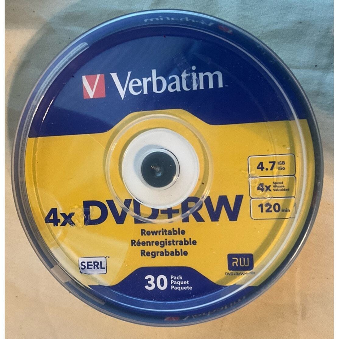 New Sealed Verbatim 30 Pk 4X DVD+RW, 4.7 GB, 120min Logo Branded, SERL Spindle