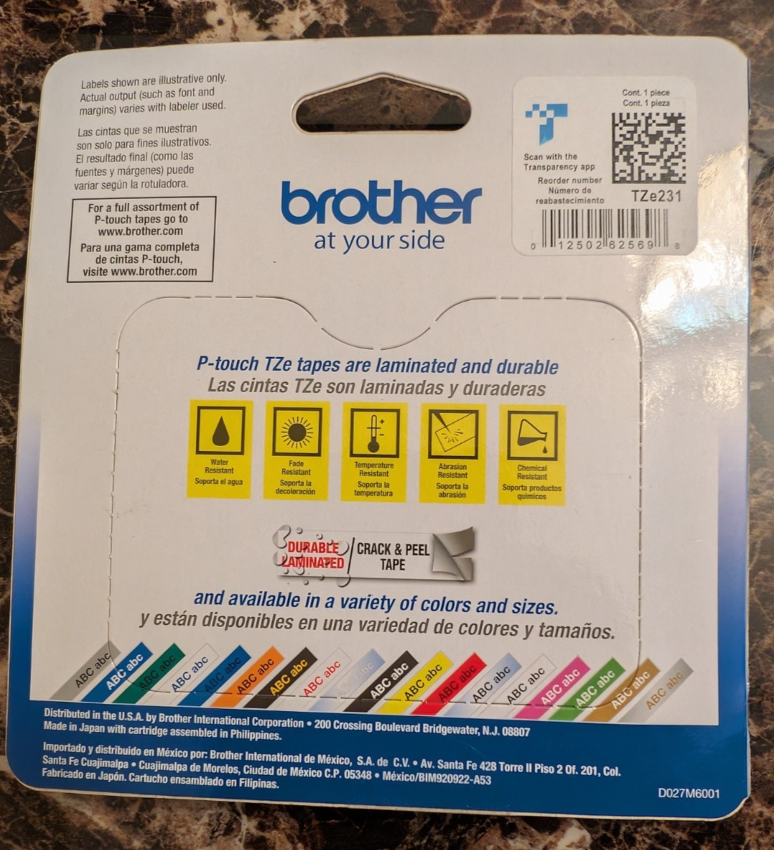 Brother P-Touch, 1/2″(12mm) Black Print White Tape TZe-231pk Genuine