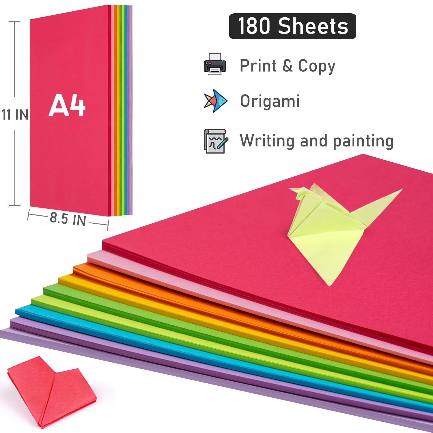 Colored Copy&Print Paper 8.5X11 Inches,180 Sheets 9 Colors Rainbow A4