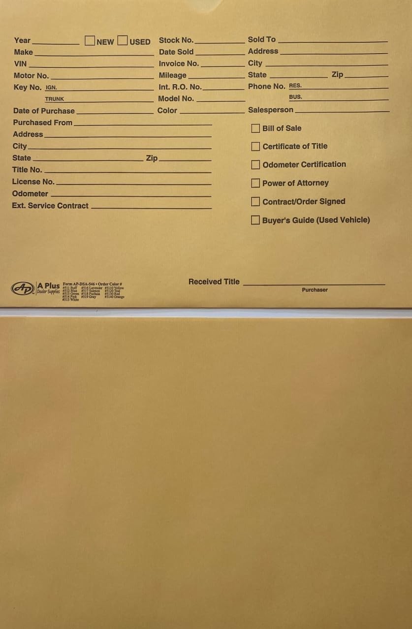 A Plus Printed Vehicle Dealer File Jacket Buff #511, 12″ x 9″, x
