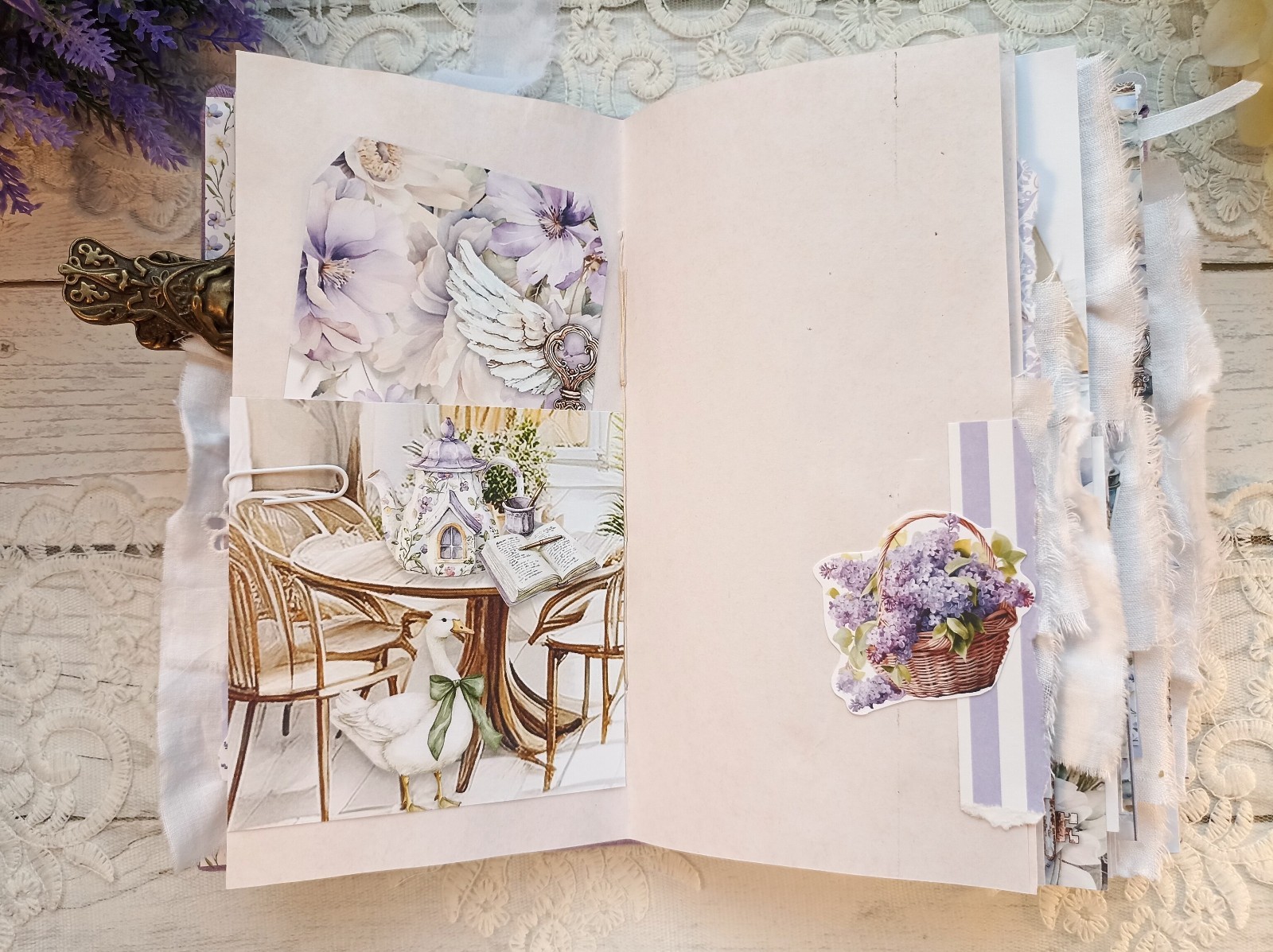 Junk Journal Handmade Lace Purple Lavender Notebook Decorated USA 8×4 in