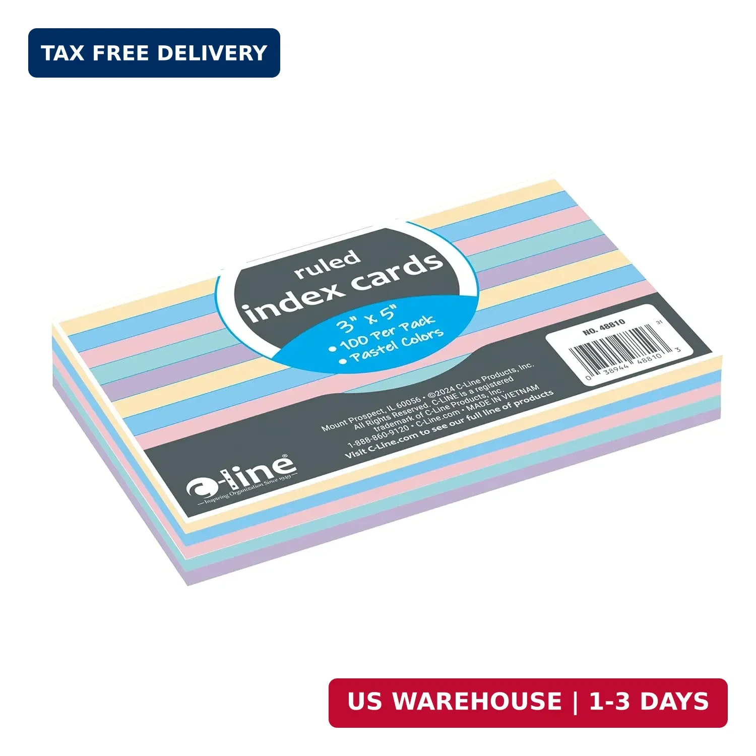 C-Line 3″ x 5″ Index Cards, Assorted Colors, Ruled, 100/PK (48810)