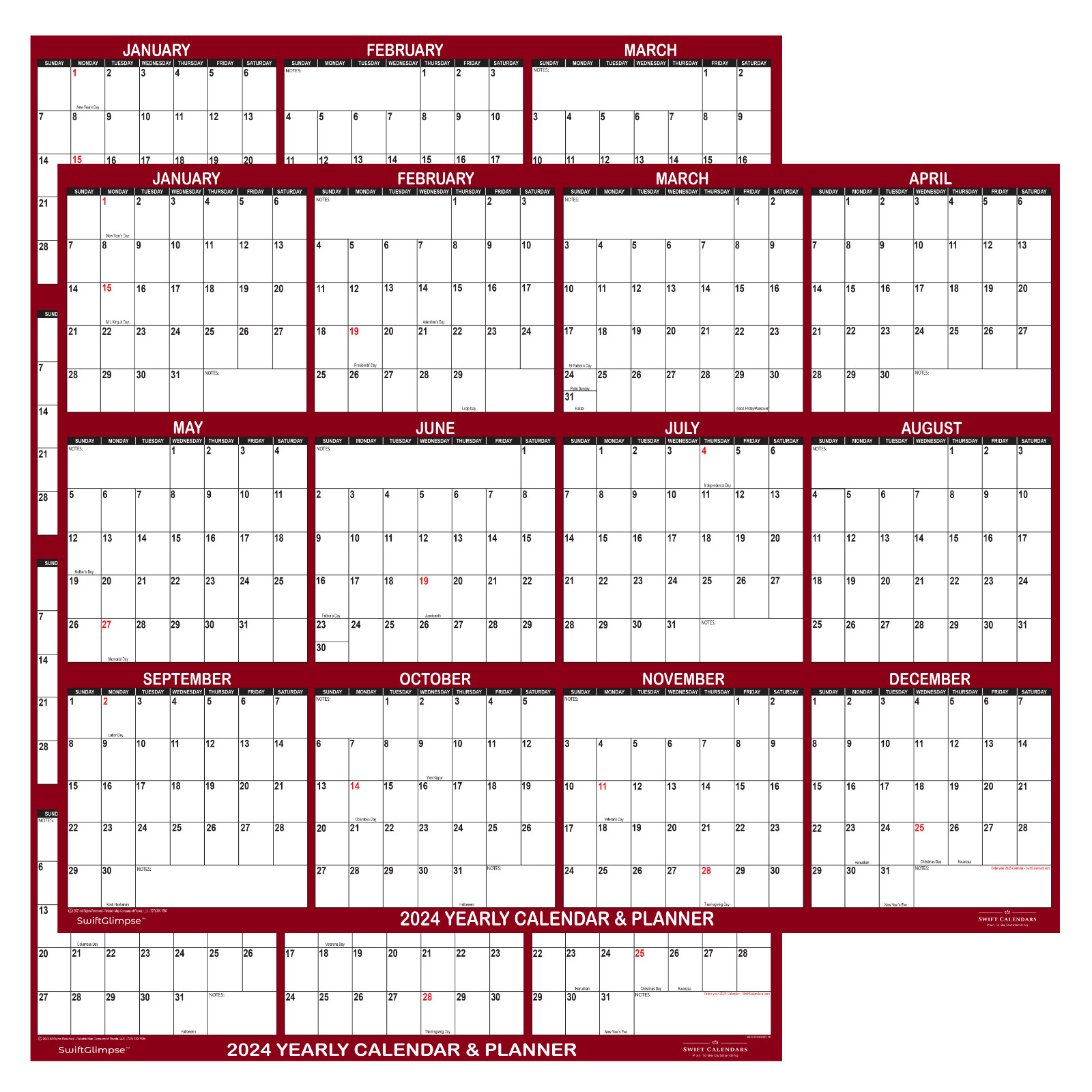 18″ x 24″ SwiftGlimpse 2024 Wall Calendar Erasable Yearly Wall Planner – Maroon