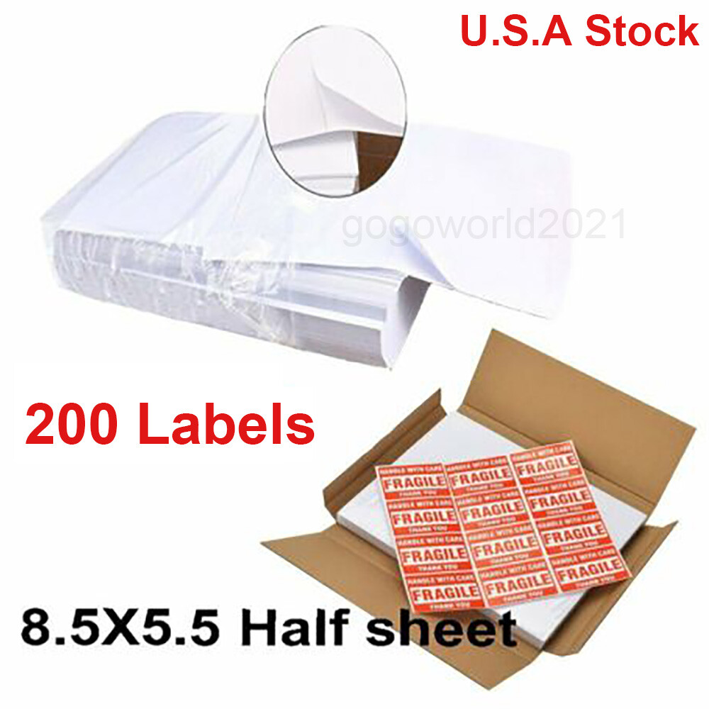 200 Shipping Labels 8.5×5.5 Half Sheets Blank Self Adhesive 2 Per Sheet USA