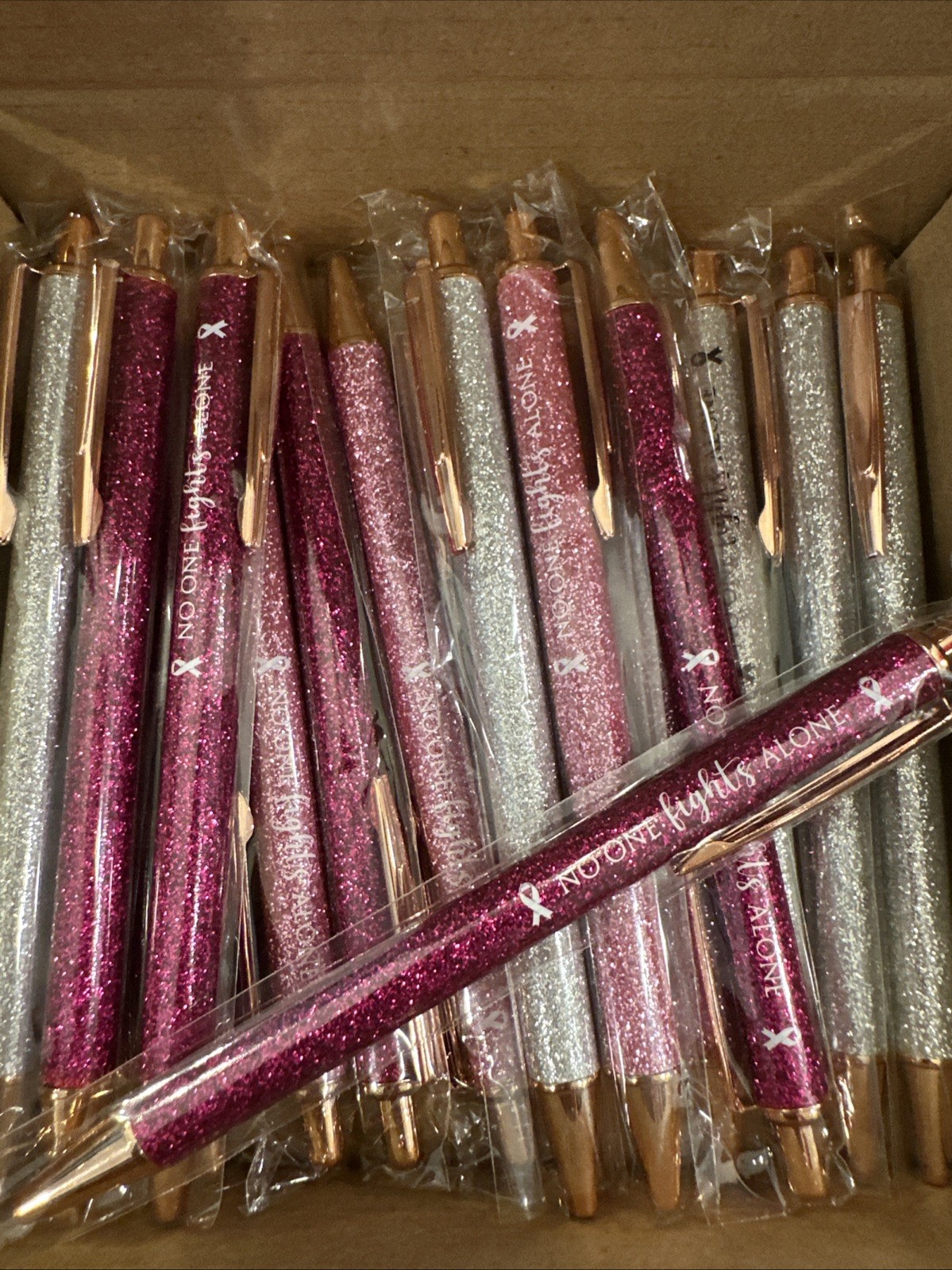 Sayglossy 18 Pcs Breast Cancer Awareness Glitter Pens w/ Cards & Gift Bags