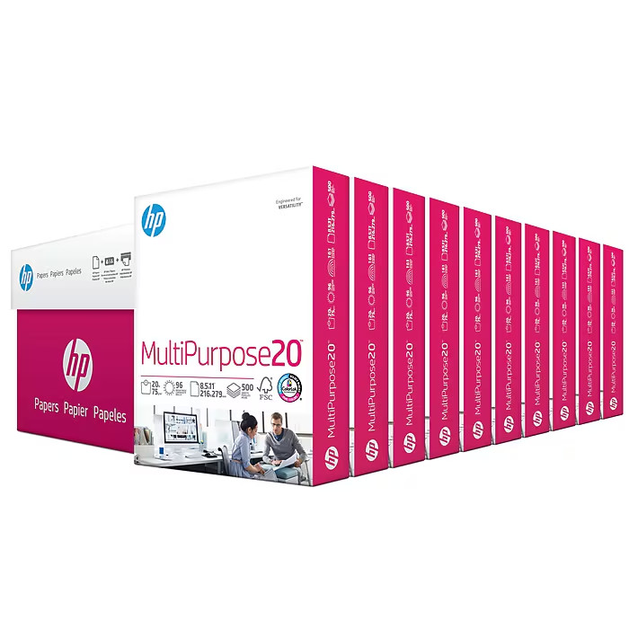 HP 8.5″ x 11″ Multipurpose Paper, 20 lbs., 96 Brightness, 5000 Sheets/Carton