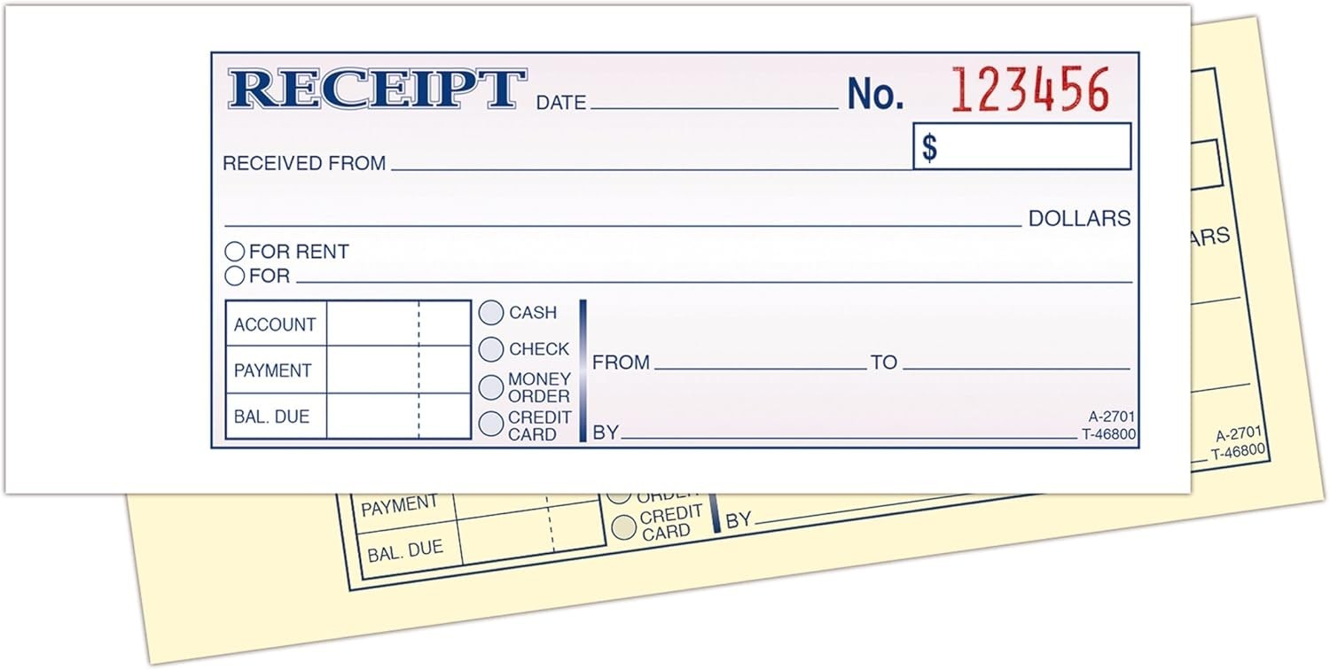 Money & Rent Receipt Book – 2-Part, 50 Carbon Copies, Compact 2-3/4×7-3/16