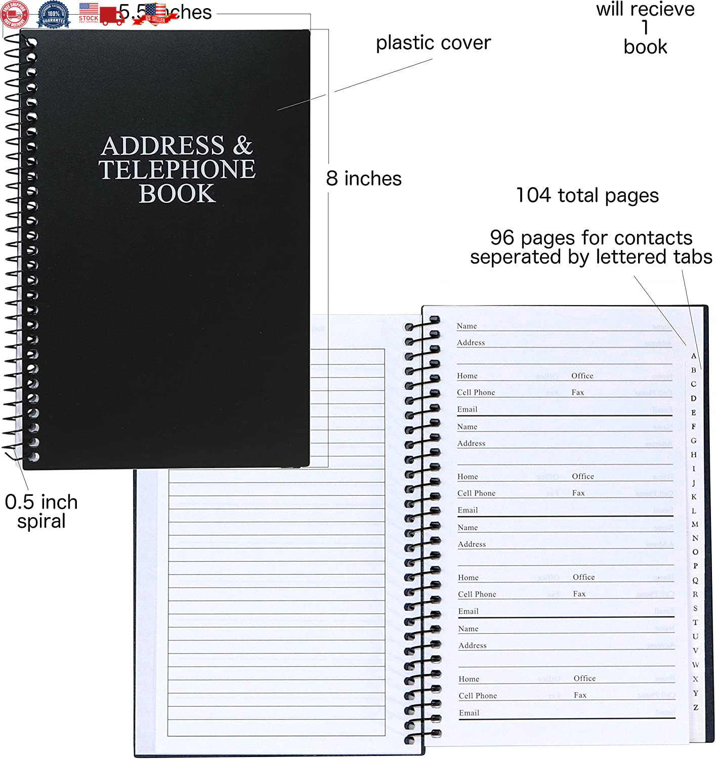 Iconikal Spiral-Bound Address and Telephone Book with Plastic Cover, Black