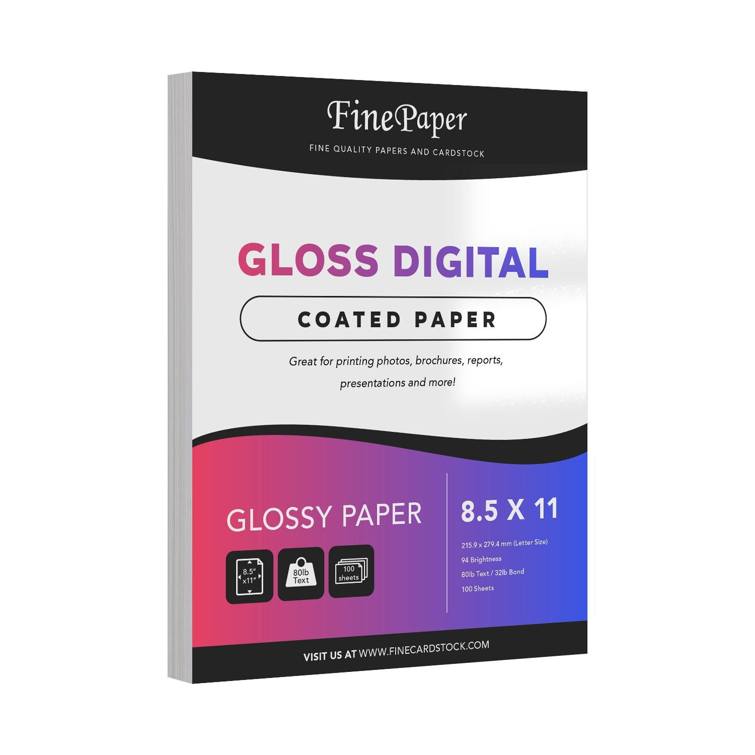 Glossy Digital Paper, 80lb Text (32lb Bond), 8.5 x 11, 94 Bright, 100 Sheets