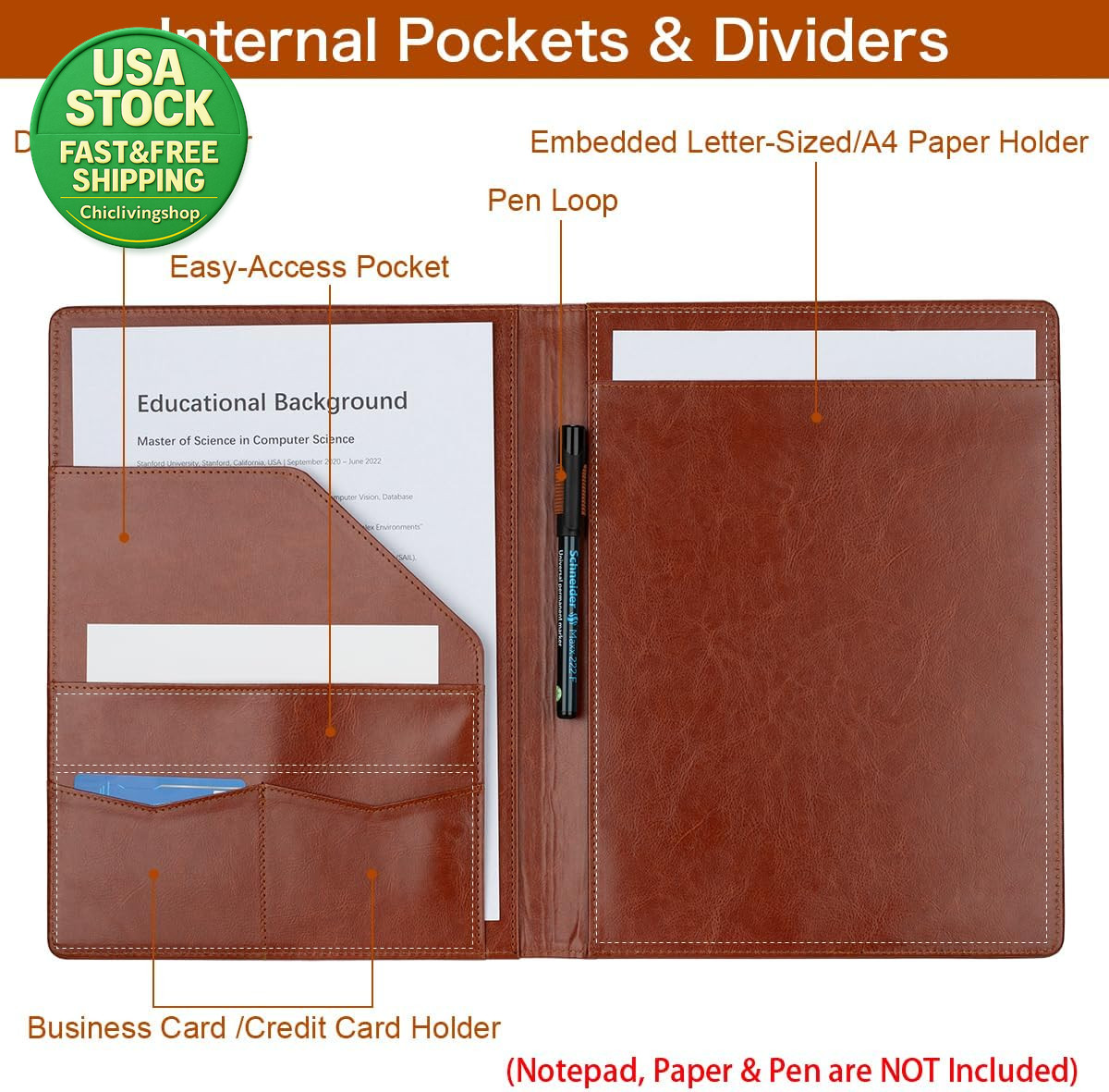 Padfolio Portfolio Binder Faux Leather Organizer Letter A4 Brown 12.6X9.8