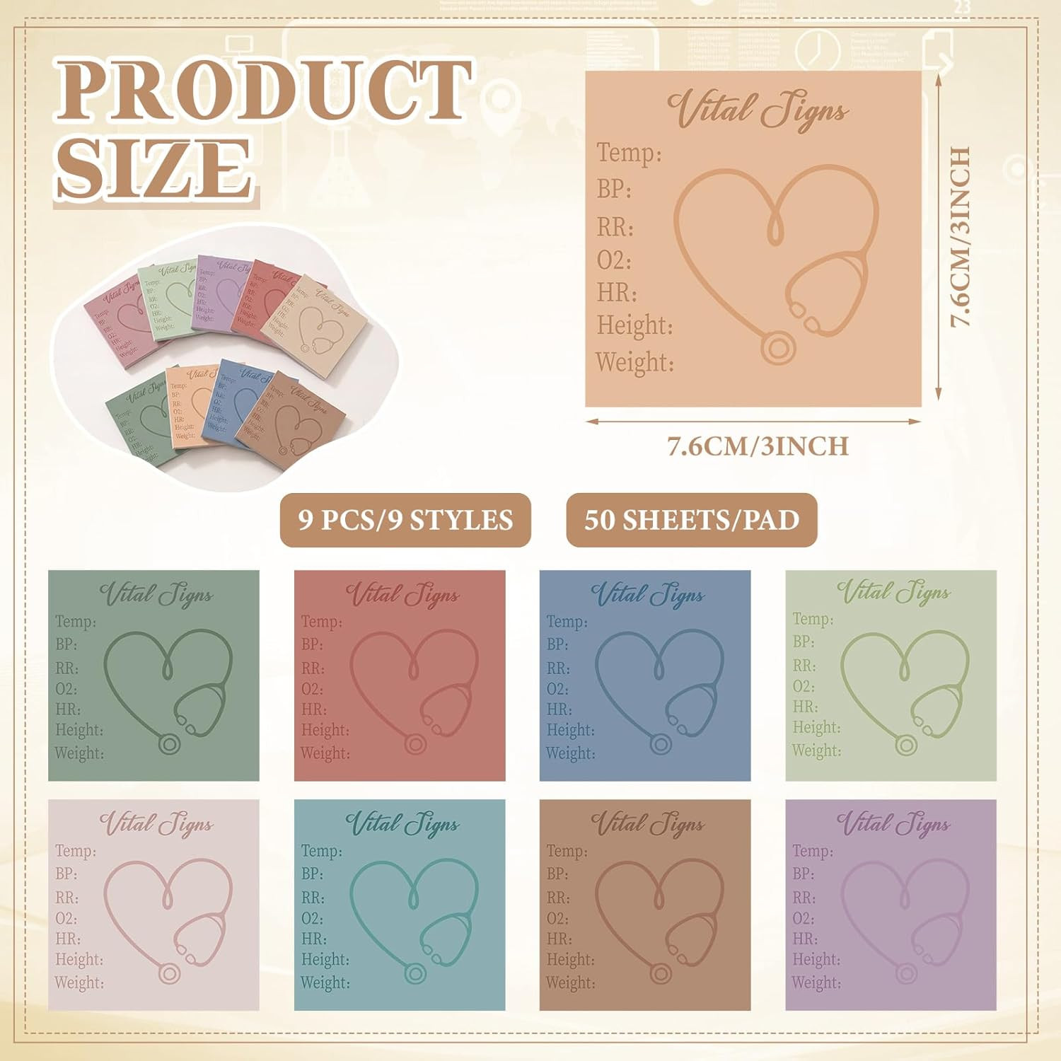 9 Pcs Vital Signs Sticky Notes Cute Self Stick Notepads Easy to Post Desk Suppli