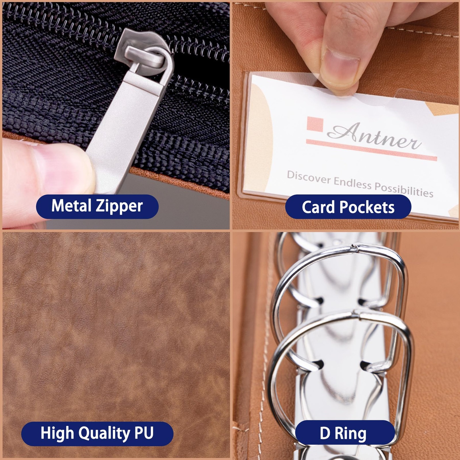 Zippered 7-Ring Business Checkbook Binder PU Leather 600 Checks Organizer Brown