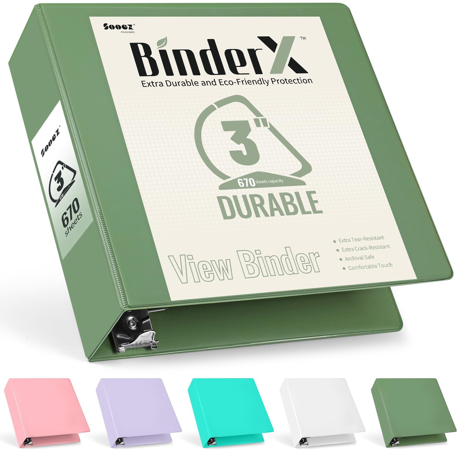 Sooez BinderX Extra Durable 3 Inch 3 Ring Binder, D-Ring 3 inch, Olive Green