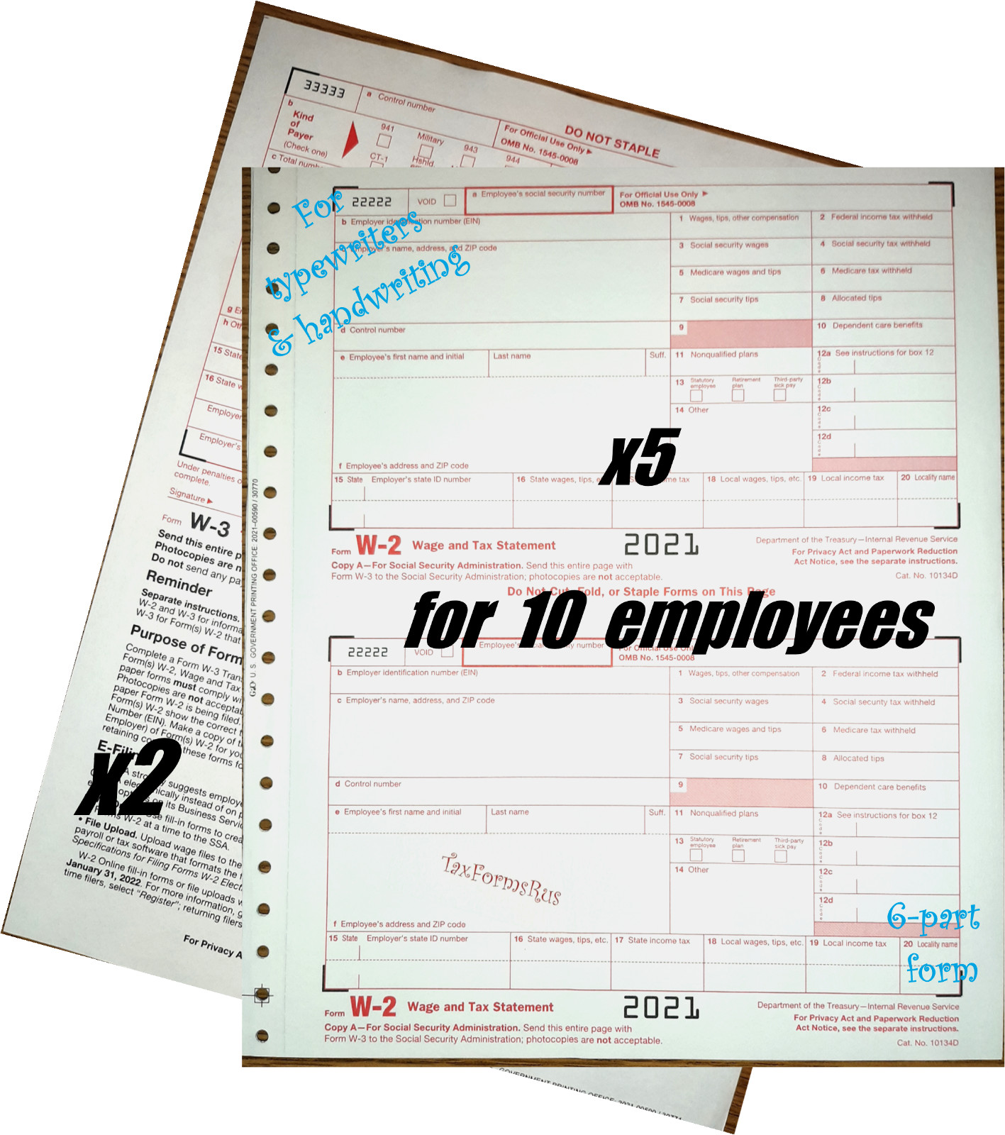 2021 IRS Tax Forms W-2 Wage Stmts 10 employees CARBONLESS 6-pt + (2)W-3 NO Env
